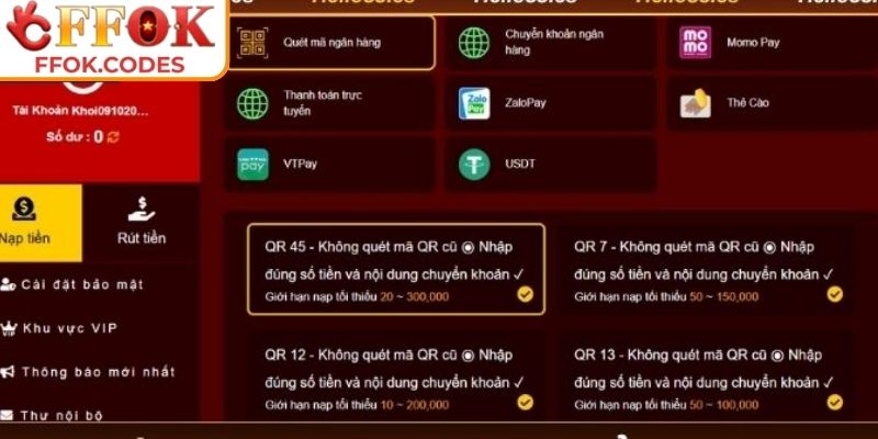 Giao diện đăng nhập và khu vực giao dịch FFOK